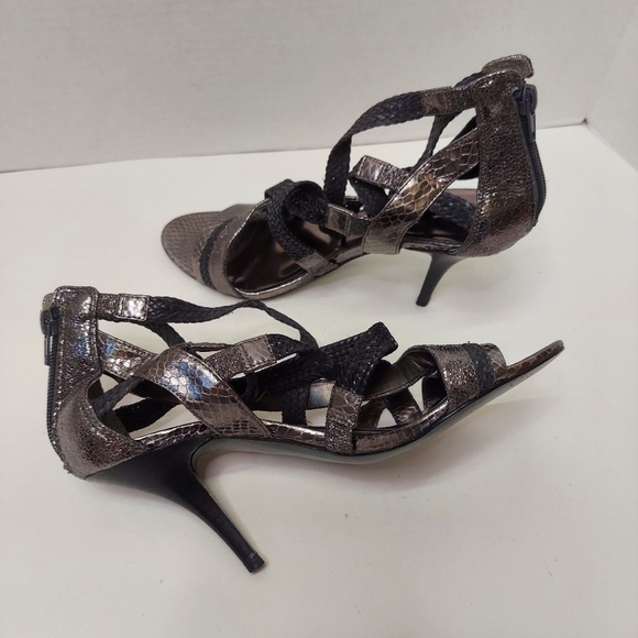 Carlos Santana Leather Pewter Silver Snakeskin Strappy Stiletto High Heels - Picture 1 of 10